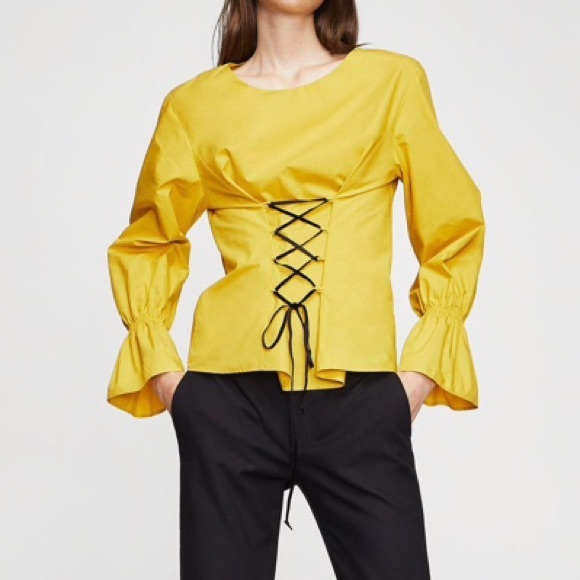MANGO Yellow Corset Long Sleeves Cotton Blouse - Picture 3 of 7